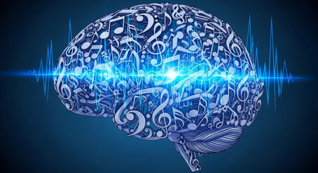 a brain made of music notes with a blue sound wave representing cognitive functionの素材