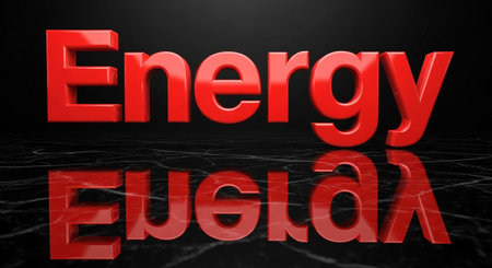 bold red energy text reflects off a black surface for a powerful design elementの素材