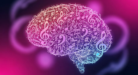 a creative brain illustration with musical notes, symbolizing music and mind linkの素材