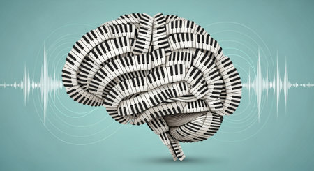 brain made of piano keys with sound waves showing music and cognitive functionの素材