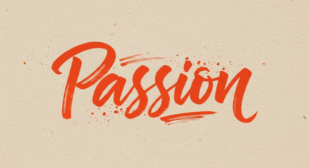 a vibrant image of the word passion in orange brush calligraphy typography art.の素材