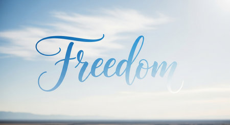 this image represents freedom with a blue sky and cursive text in the backgroundの素材