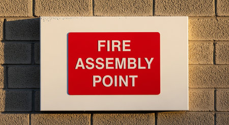 a red fire assembly point sign is mounted on a brick wall for safety and emergency preparedness.の素材