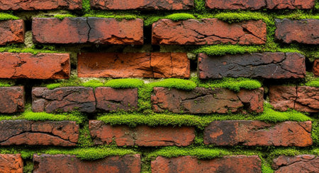 red brick wall with green moss growing in between the bricks, creating a textured pattern.の素材