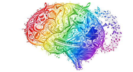 a colorful brain illustration made of musical instruments and notes, a creative musical conceptの素材