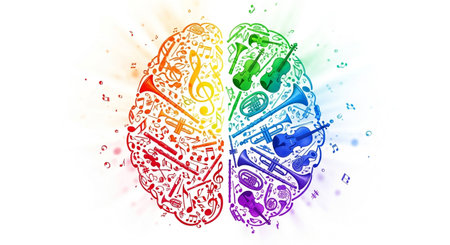 brain art with music notes and instruments representing creativity and musical knowledgeの素材