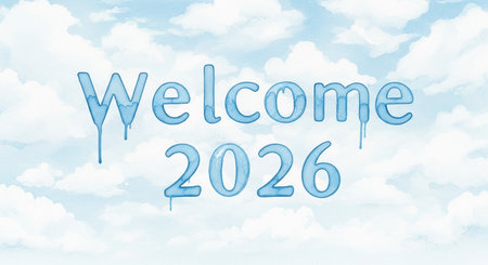 Welcome to 2020 - hand drawn lettering on blue sky background.の素材