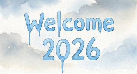 Welcome 2016 watercolor background. Hand drawn watercolor illustration with clouds.の素材