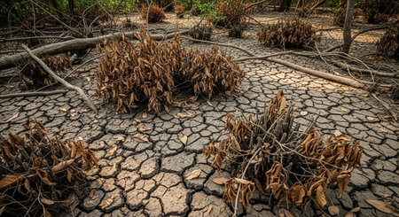 dry earth with cracked ground showing the effects of severe droughtの素材