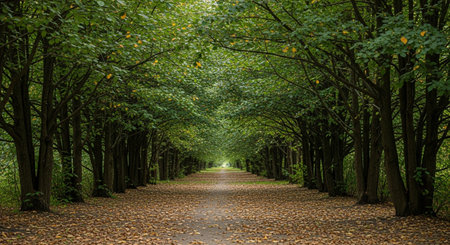 a path through a forest with trees and leaves on the ground photoの素材