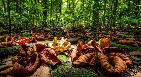 a lush forest floor covered in fallen leaves and green foliage.の素材