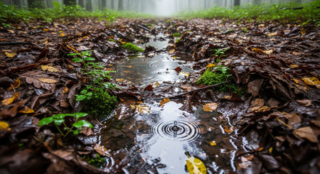 a forest stream with leaves, moss and water drop creating ripples.の素材