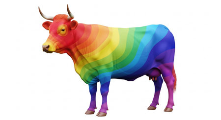 a colorful rainbow cow stands on a white background, isolated art.の素材