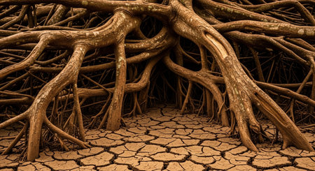 a close up view of mangrove roots on cracked earth landscapeの素材