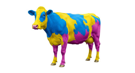 a colorful cow stands alone on a white background, isolated imageの素材