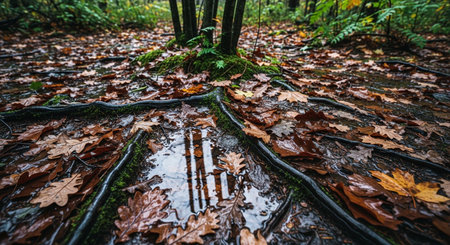 a forest floor with leaves and roots reflecting in a small puddleの素材