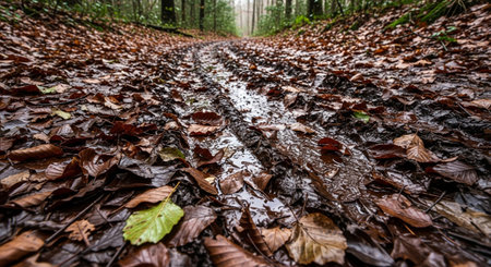 a forest path covered in autumn leaves and wet from recent rainの素材