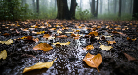 leaves on wet ground in a forest, a beautiful autumn season sceneの素材