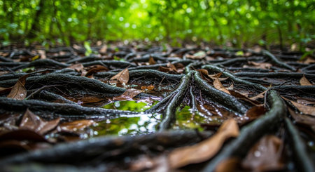 low angle view of tree roots and leaves on the forest ground.の素材