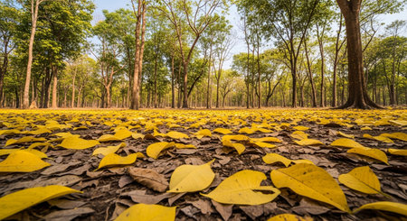 beautiful autumn landscape with yellow leaves covering the forest floorの素材