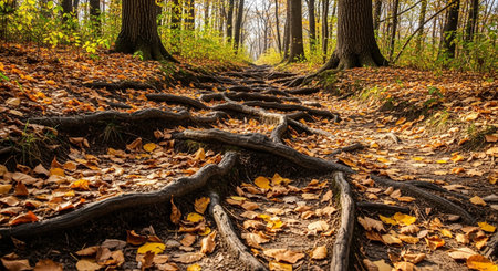 a beautiful autumn forest path with exposed tree roots and leavesの素材