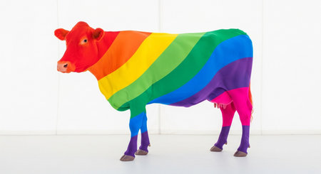 a colorful cow with rainbow stripes in a bright white studio spaceの素材
