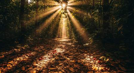 A serene forest scene with sunlight streaming through the trees.の素材
