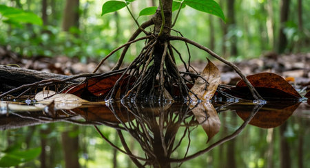 mangrove roots and reflection in water, a beautiful nature sceneの素材