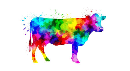 a vibrant and colorful watercolor cow illustration on white backgroundの素材