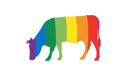 a rainbow colored cow stands against a clean white background.の素材