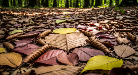 ground covered with fallen leaves in an autumn forest settingの素材