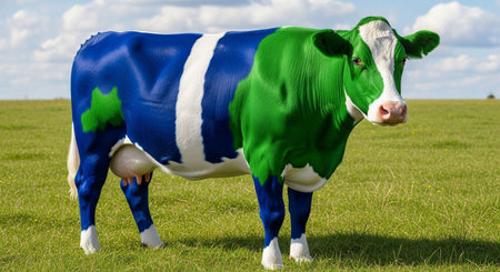 a colorful cow stands in a green field under a cloudy blue sky.の素材