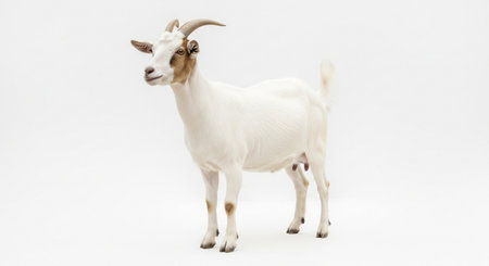 a white goat stands against a white background in a studio shotの素材