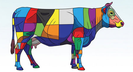 a colorful cow illustration with geometric shapes and bright colorsの素材