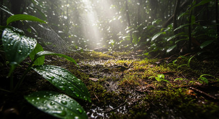 a beautiful forest scene with sunlight, moss, and a spider web.の素材