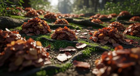 Fallen leaves on the roof of a house in the forest.の素材