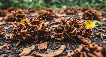 a closeup view of fallen brown leaves on the ground in autumn timeの素材