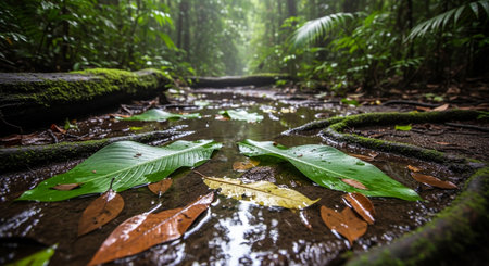 a serene rainforest path with leaves and water reflecting lightの素材