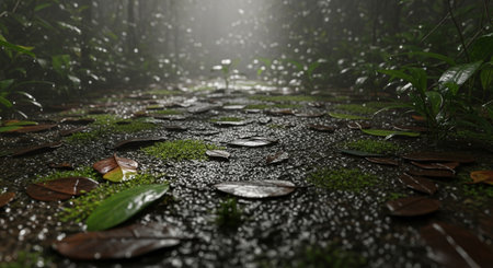 a rainy path with leaves and moss on the ground in the forest areaの素材