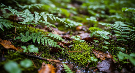 lush green ferns and moss cover the forest floor in this imageの素材
