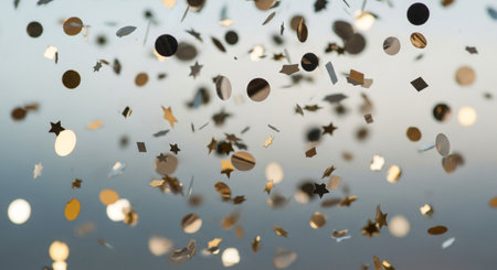 Golden confetti fly in the air on a blue sky background.の素材
