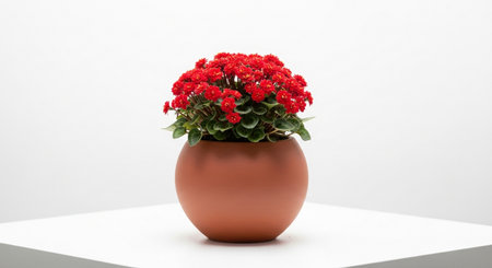Red flowers in a pot on a white background. 3d renderingの素材