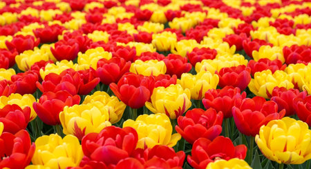 Red and yellow tulip flowers field in Holland, Netherlands, Europeの素材