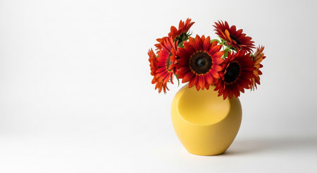 a vibrant still life featuring red sunflowers in a yellow vase on white backgroundの素材