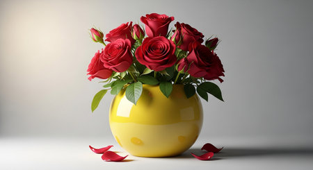 a beautiful arrangement of red roses in a yellow vase on a white background.の素材