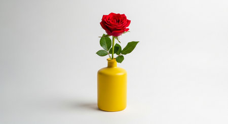 Single red rose in a yellow vase on a white background, a simple floral still life.の素材