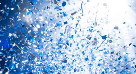 A festive blue and white confetti background for a celebration or event design.の素材