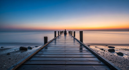 A person meditates on a wooden dock at sunset, ocean view, peaceful and calming.の素材