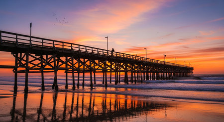 a beautiful sunset at the beach with a pier and reflections on the wet sandの素材
