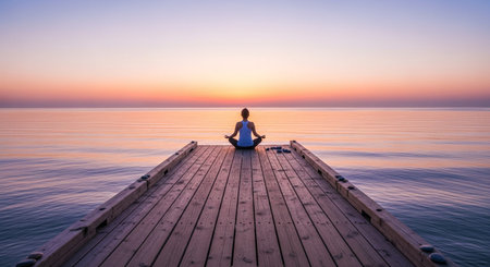 woman doing yoga on a pier at sunrise, finding peace and mindfulness in natureの素材